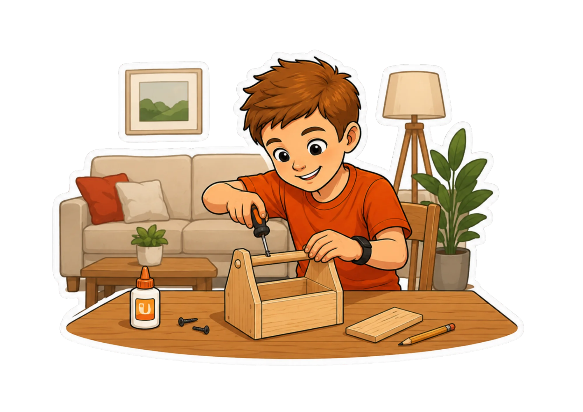 A boy building a small wooden toolbox with real tools