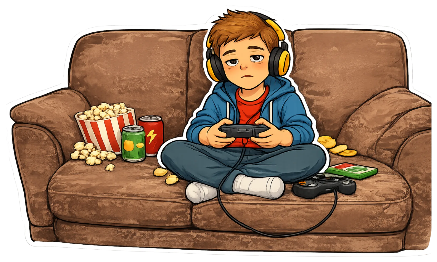 A boy slumped on the couch, absorbed in a screen