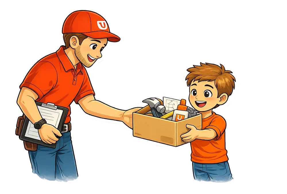 A delivery courier handing over a toolkit box full of tools and materials to an excited kid